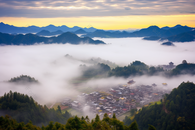 大山蒙蒙云海浓雾之中的城镇摄影背景,高清,摄影图,摄影图片,图片大全,摄影图免费下载